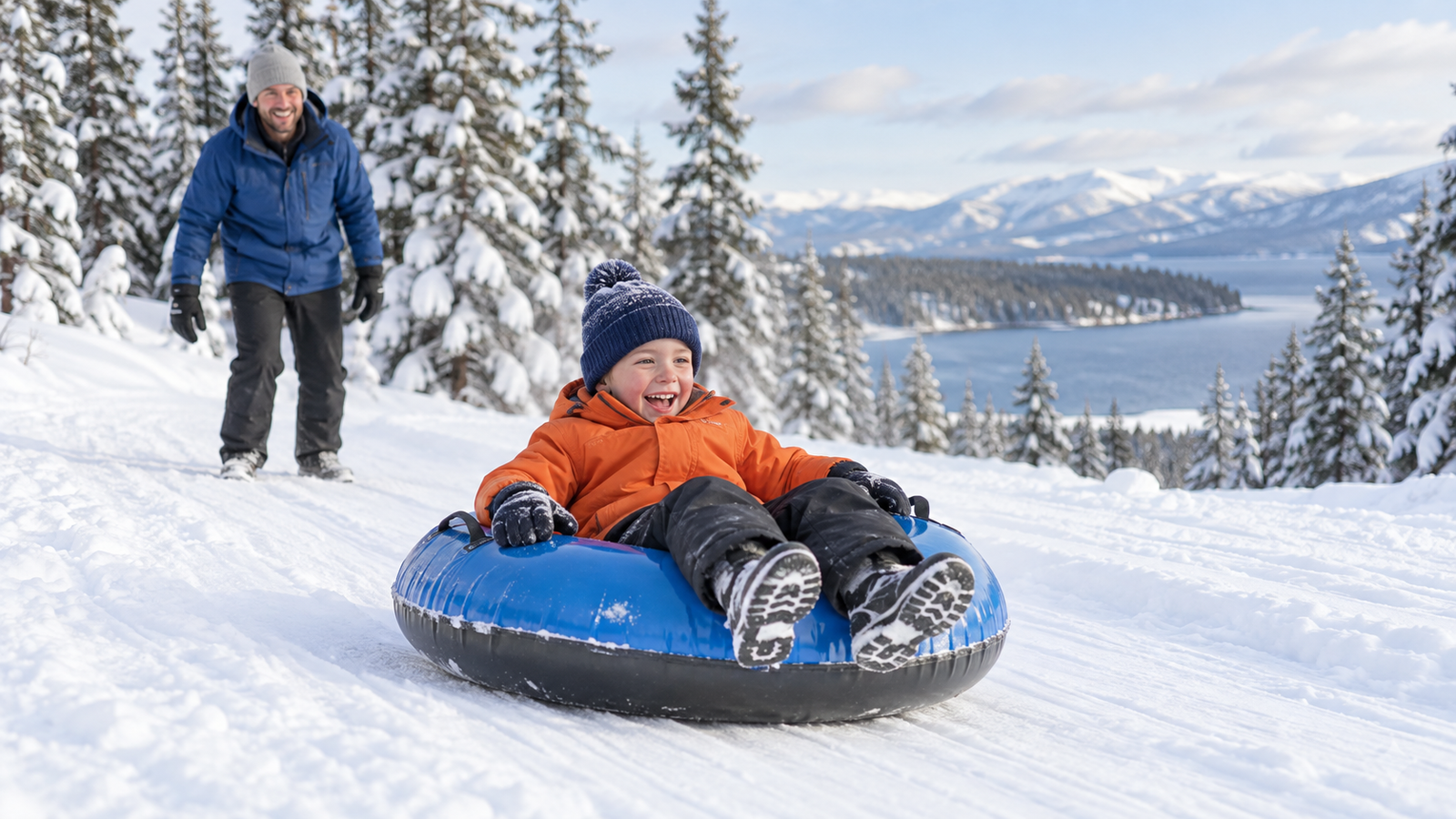 Illustrative family tubing scene with a child and parent