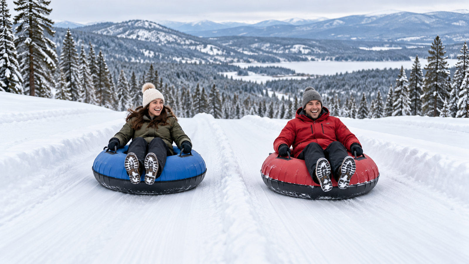 Illustrative scene of two adults snow tubing