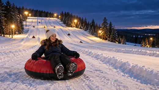 Illustrative night tubing scene under floodlights